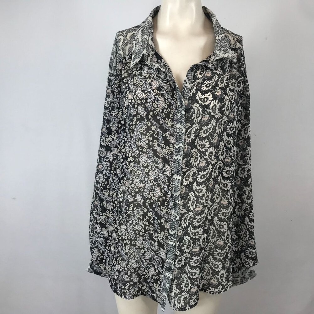 Free People Black & White Mixed Floral Button-Down Shirt